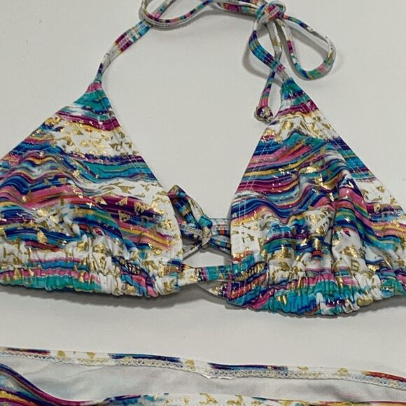 Women's Striped Two Piece Triangle Split Neck Swimsuit Multi-Color Size Large - Picture 3 of 5